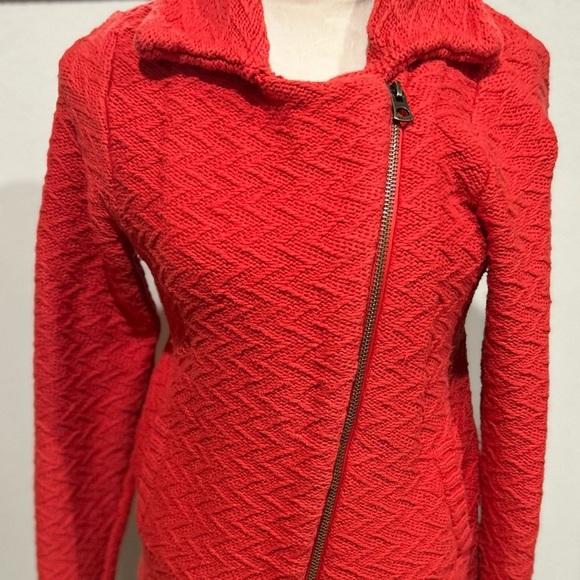 Women’s lucky brown, textured chunky orange zip up Moto sweater size medium - Picture 2 of 5